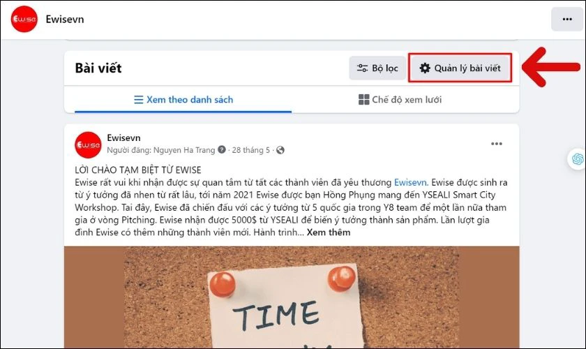 Nhấn vào nút Quản lý bài viết để mở danh sách các bài viết