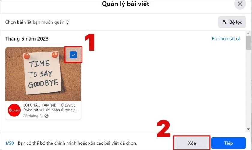 Lướt tìm bài viết muốn xóa và nhấn nút Xóa