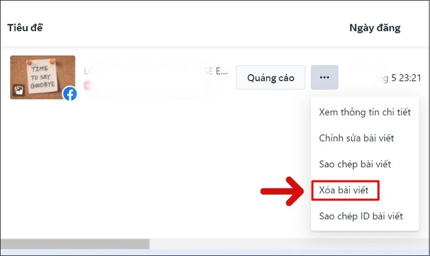 Click vào tùy chọn Xóa bài viết