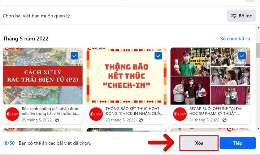 Nhấn nút Xóa để xóa tất cả bài viết trên Fanpage nhanh nhất