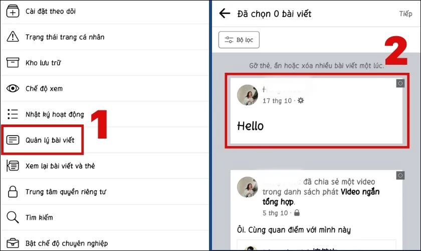 Chọn Quản lý bài viết và nhấn vào bài viết muốn xóa