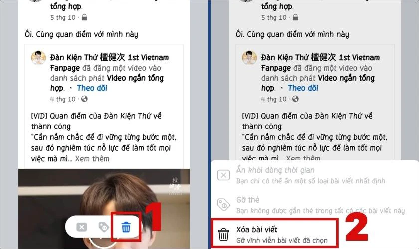 Ấn vào biểu tượng Thùng rác và chọn Xóa bài viết