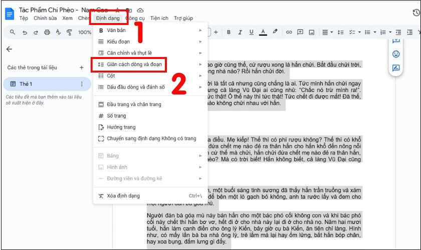 Chọn Định dạng, rồi nhấn chọn Giãn cách dòng và đoạn