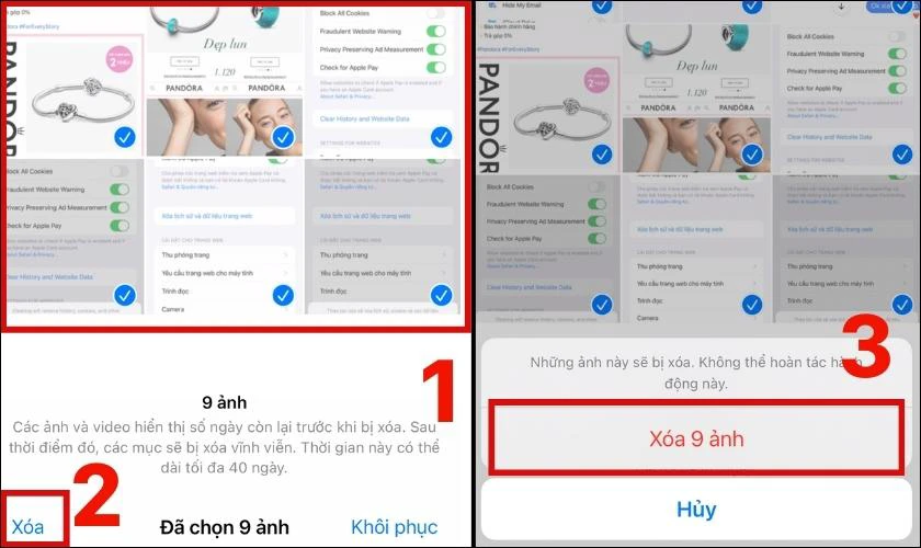 X&aacute;c nhận x&oacute;a c&aacute;c ảnh đ&atilde; được chọn trong mục Đ&atilde; x&oacute;a gần đ&acirc;y 