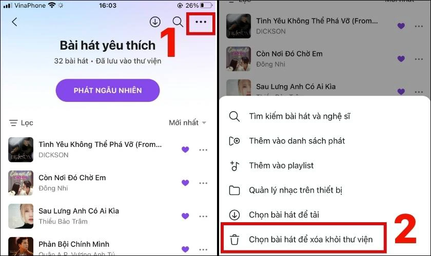 Chọn c&aacute;c b&agrave;i h&aacute;t bạn muốn x&oacute;a khỏi thư viện 