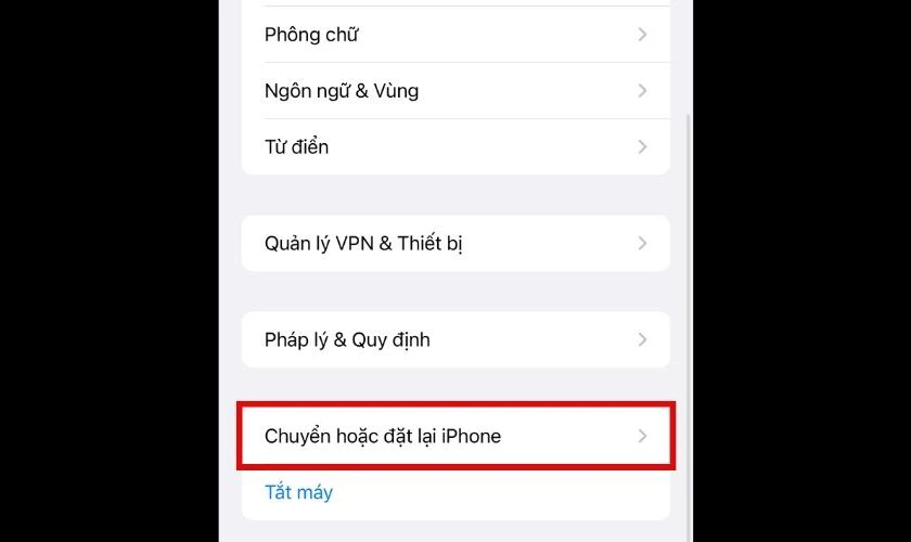 Giao diện trong phần Chuyển hoặc đặt lại iPhone 