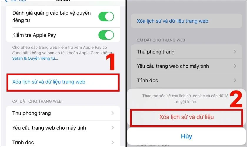 Thực hiện x&oacute;a lịch sử v&agrave; dữ liệu trang web.