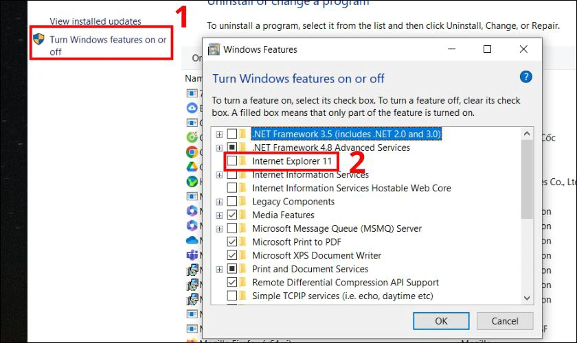 C&aacute;ch x&oacute;a Internet Explorer tr&ecirc;n Win 10, 11 bằng Control Panel