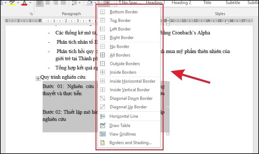 Tùy chọn các định dạng xóa khung Table trong Word