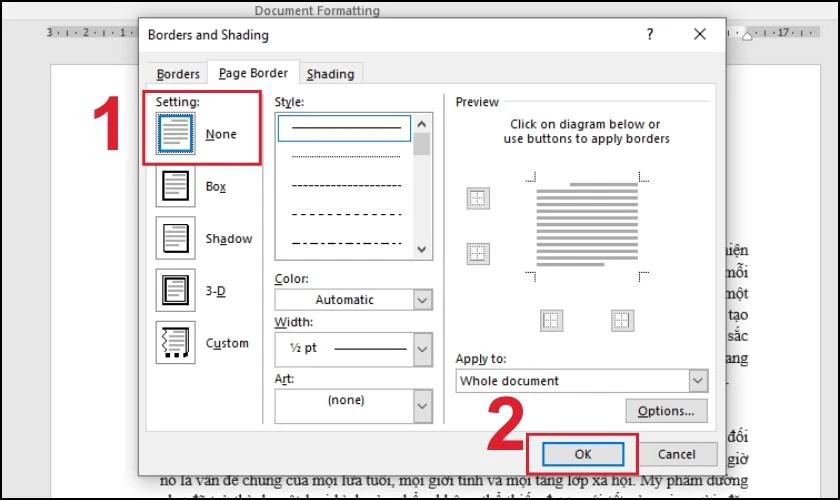 Tại tab Page Border chọn None