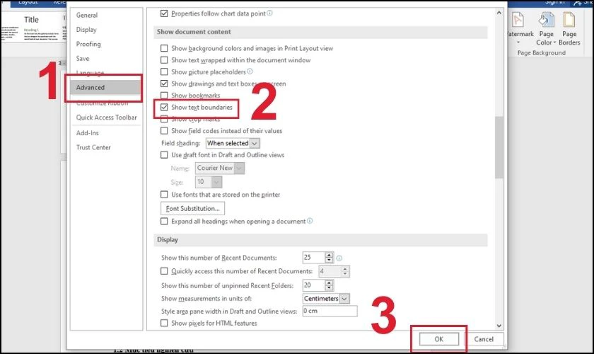 Bỏ tick tại mục Show text boundaries