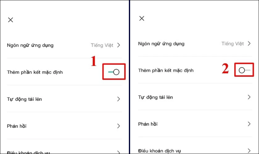 Bạn tìm và chọn Thêm phần kết mặc định và nhấn tắt