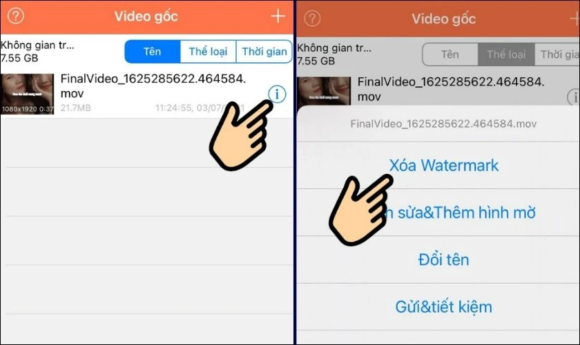 Bạn nhấn chọn biểu tượng chữ i và chọn mục Xóa Watermark