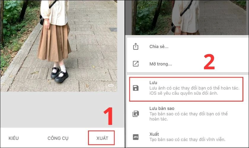 Chọn mục Xuất và chọn tiếp Lưu để tải hình về máy