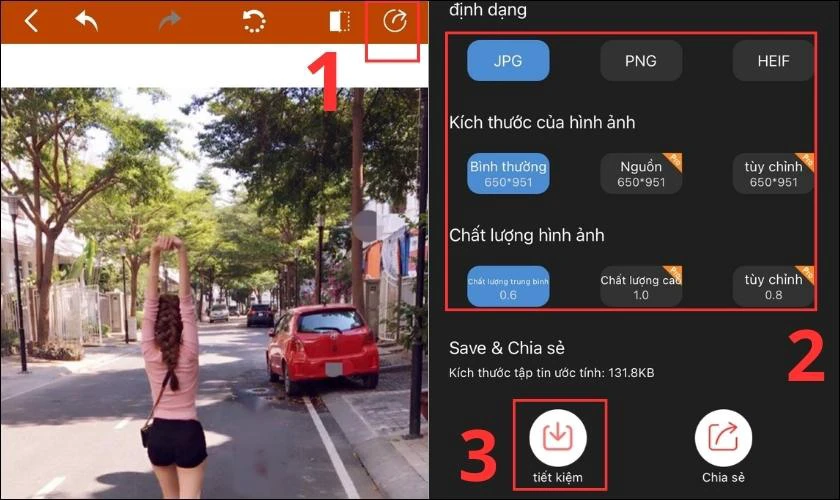 Di chuyển tới nút chia sẻ trên góc phải màn hình, chọn cài đặt ảnh thích hợp và bấm tải về