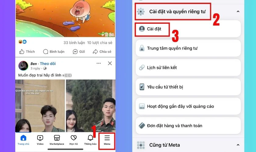 Chọn mục C&agrave;i đặt & quyền ri&ecirc;ng tư, tiếp theo chọn C&agrave;i đặt