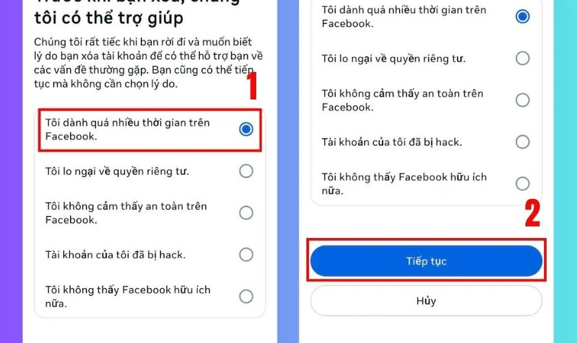 Chọn l&yacute; do ph&ugrave; hợp v&agrave; nhấn Tiếp tục
