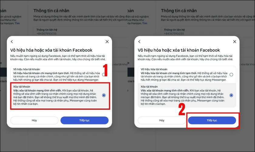 Nhấn v&agrave;o X&oacute;a t&agrave;i khoản, sau đ&oacute; chọn Tiếp tục để x&aacute;c nhận