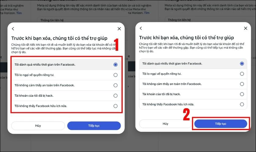 Chọn l&yacute; do bạn muốn rời khỏi Facebook v&agrave; nhấn Tiếp tục