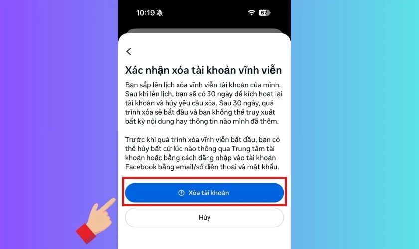 Cuối c&ugrave;ng nhấn X&oacute;a t&agrave;i khoản để ho&agrave;n tất qu&aacute; tr&igrave;nh