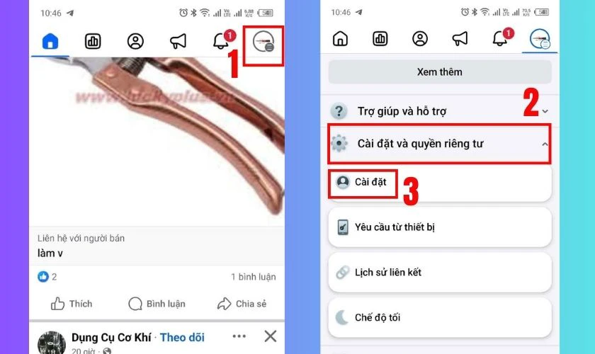 K&eacute;o xuống v&agrave; chọn C&agrave;i đặt & quyền ri&ecirc;ng tư, rồi tiếp tục chọn C&agrave;i đặt