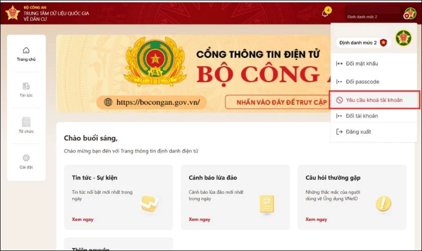 Kh&oacute;a t&agrave;i khoản VNeID trực tuyến tr&ecirc;n website