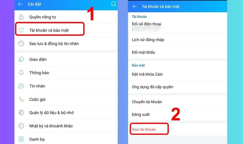 Tiếp tục chọn mục T&agrave;i khoản v&agrave; bảo mật, sau đ&oacute; nhấp v&agrave;o t&ugrave;y chọn X&oacute;a t&agrave;i khoản