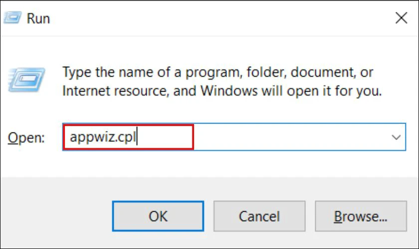 Nhấn tổ hợp ph&iacute;m Windows + R, nhập appwiz.cpl, rồi nhấn Enter