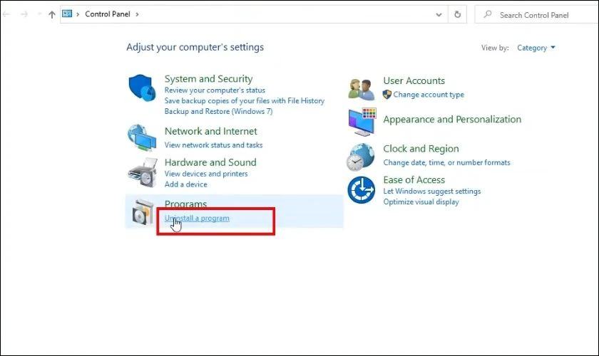 T&igrave;m kiếm mục Programs v&agrave; nhấn v&agrave;o d&ograve;ng Uninstall a program