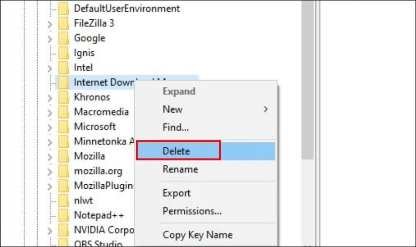Nhấn chuột phải v&agrave;o Internet Download Manager v&agrave; chọn Delete