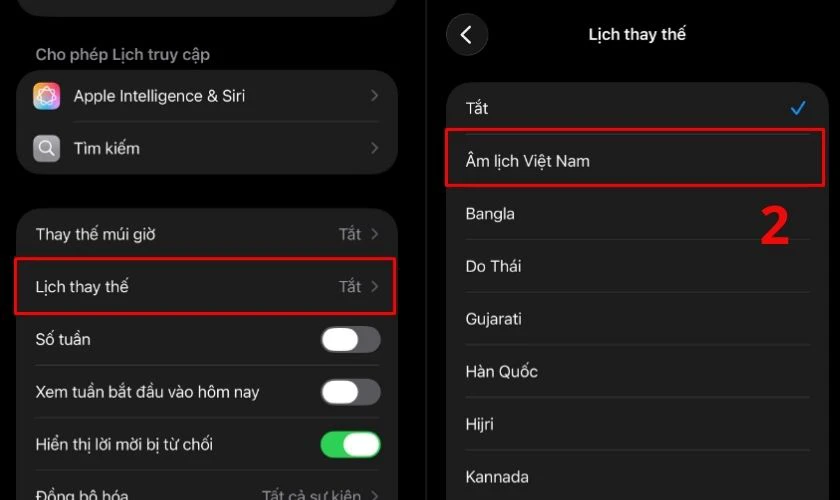 Bước 2: Chọn Lịch thay thế, chọn Âm lịch Việt Nam