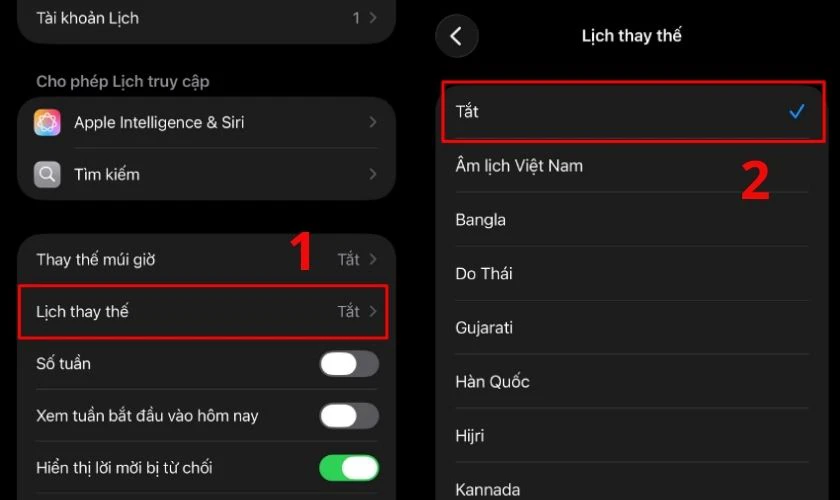 Tiếp theo, chọn Tắt (Off) hoặc Không có (None) để vô hiệu hóa lịch âm trên thiết bị
