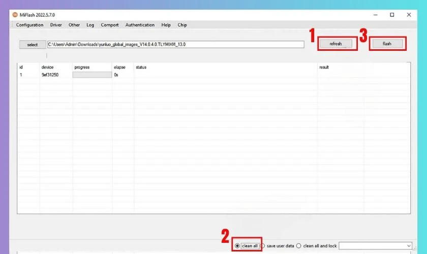 Trên Mi Flash Tool hãy ấn chọn Refresh
