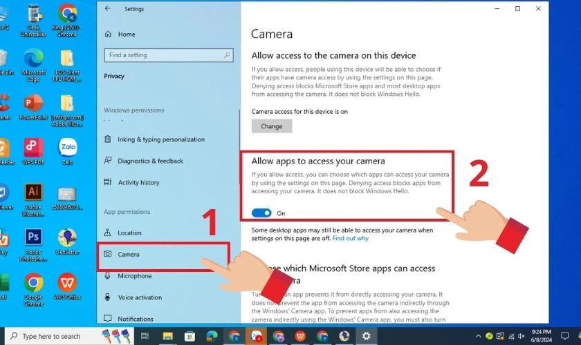Bật cho ph&eacute;p c&aacute;c ứng dụng truy cập camera