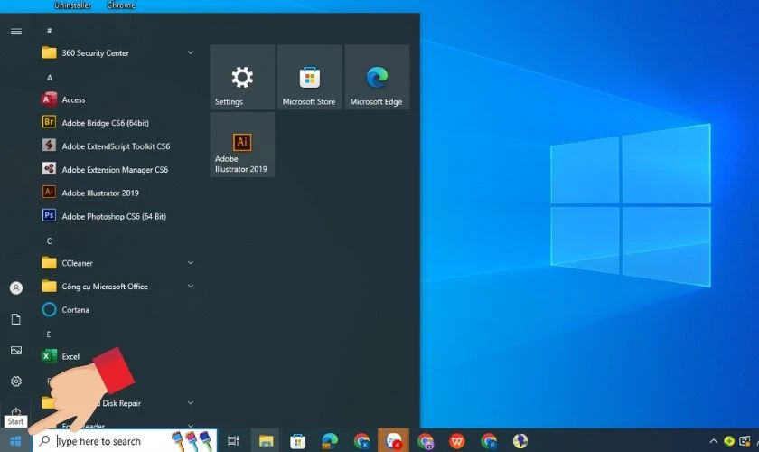 Nhấn v&agrave;o biểu tượng Start ở thanh taskbar dưới