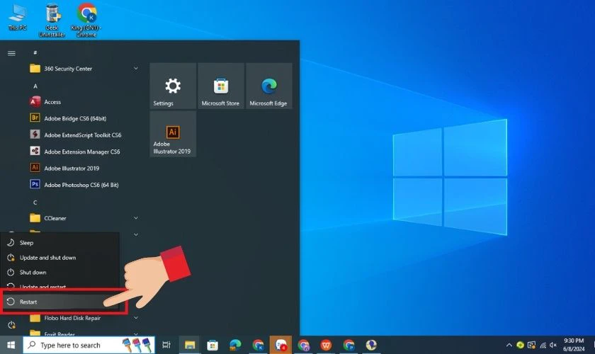 Chọn  Restart để khởi động lại m&aacute;y t&iacute;nh của bạn