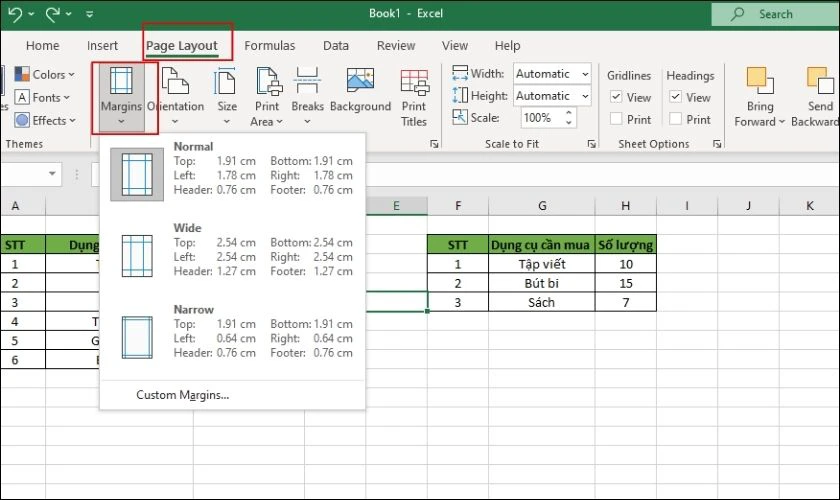 V&agrave;o Page Layout, chọn Margins v&agrave; kiểm tra lại c&aacute;c c&agrave;i đặt sau khi thực hiện c&aacute;ch căn lề khi in trong Excel