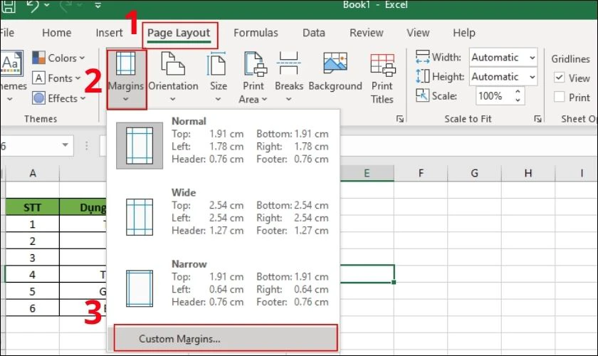 Chọn mục Page Layout. Cuối c&ugrave;ng chọn Margins v&agrave; chọn Custom Margins
