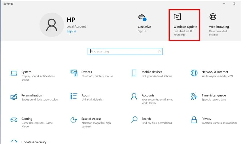 Chọn v&agrave;o Windows Update