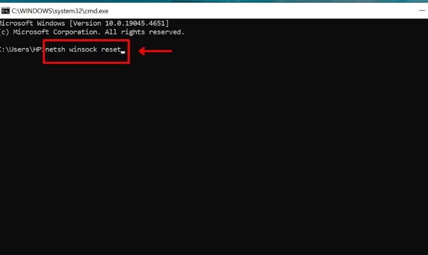 Nhập đ&uacute;ng c&acirc;u lệnh netsh winsock reset v&agrave; nhấn Enter