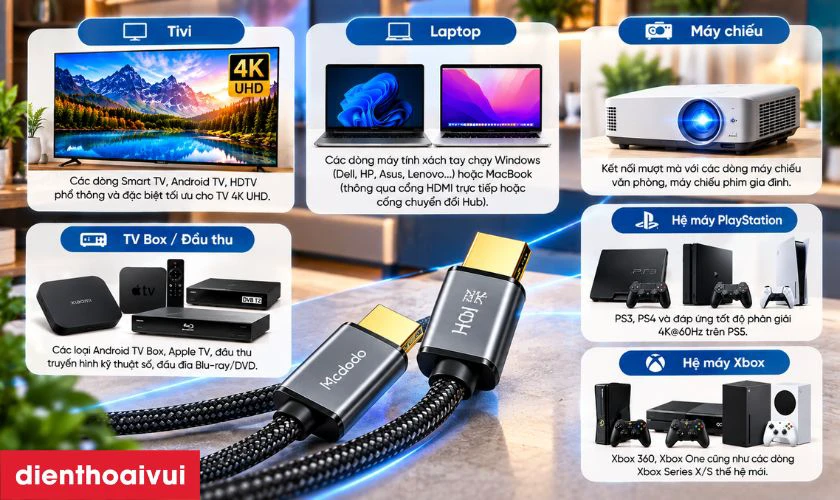C&aacute;p MCDODO CA-7180 tương th&iacute;ch với TV, m&aacute;y t&iacute;nh v&agrave; thiết bị n&agrave;o?