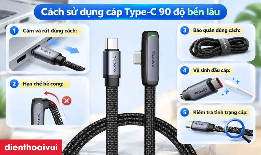 Những lưu &yacute; để sử dụng c&aacute;p Type-C 90 độ bền l&acirc;u