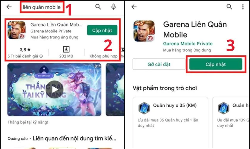 Nhập từ khóa Liên Quân Mobile, nhấn nút Cập nhật (nếu có)