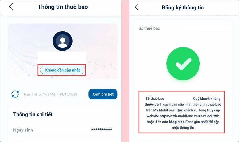 Nhấp v&agrave;o d&ograve;ng Kh&ocirc;ng cần cập nhật để kiểm tra th&ocirc;ng tin