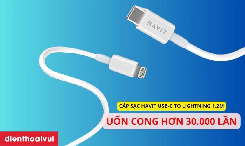 C&aacute;p sạc Havit USB-C to Lightning c&oacute; khả năng uốn cong l&ecirc;n đến 30.000 lần