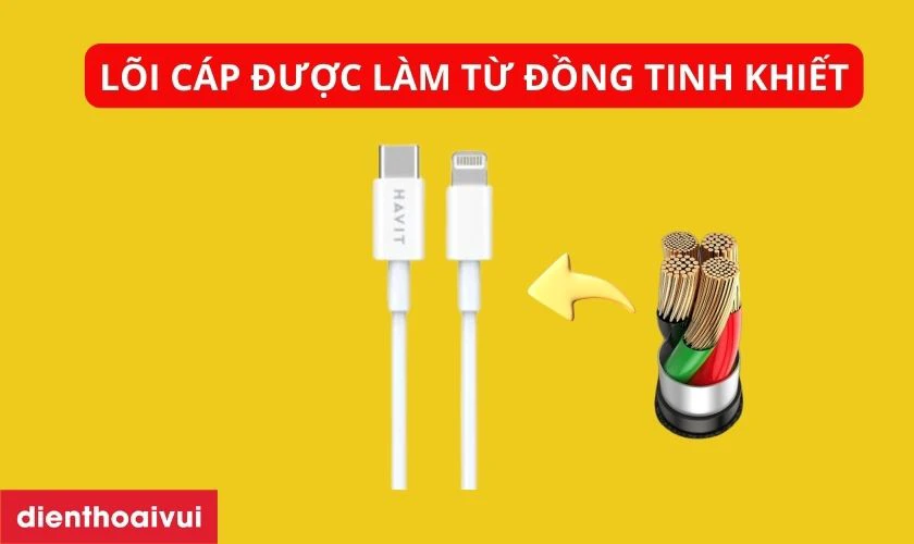 L&otilde;i c&aacute;p được l&agrave;m từ đồng tinh khiết, c&aacute;p sạc Havit USB-C to Lightning 1.2M truyền tải dữ liệu nhanh ch&oacute;ng