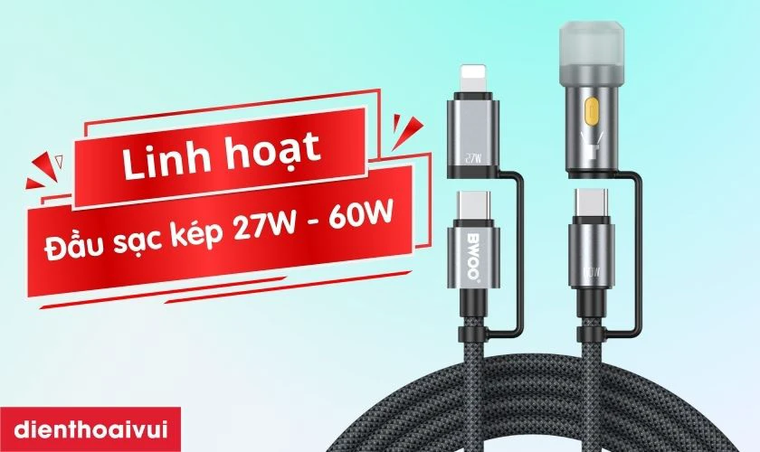 Điểm nổi bật của c&aacute;p sạc nhanh BWOO 4 IN 1 c&oacute; đ&egrave;n led X308 d&agrave;i 1.2M