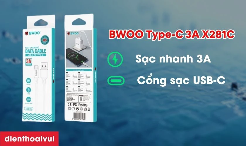 Cáp sạc nhanh BWOO Type-C 3A X281C dài 1M vẫn được hỗ trợ sạc nhanh 3A
