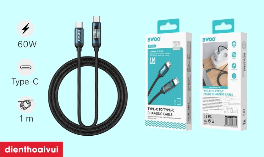 Điểm nổi bật của c&aacute;p sạc nhanh BWOO Type-C to Type-C 60W X304 d&agrave;i 1M