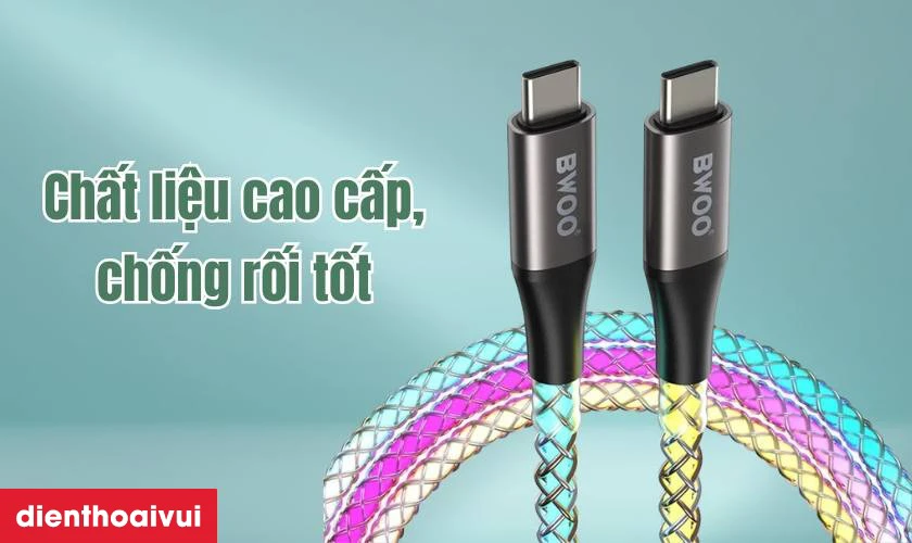 C&aacute;p sạc nhanh BWOO Type-C to Type-C 65W đ&egrave;n led X278 d&agrave;i 1M